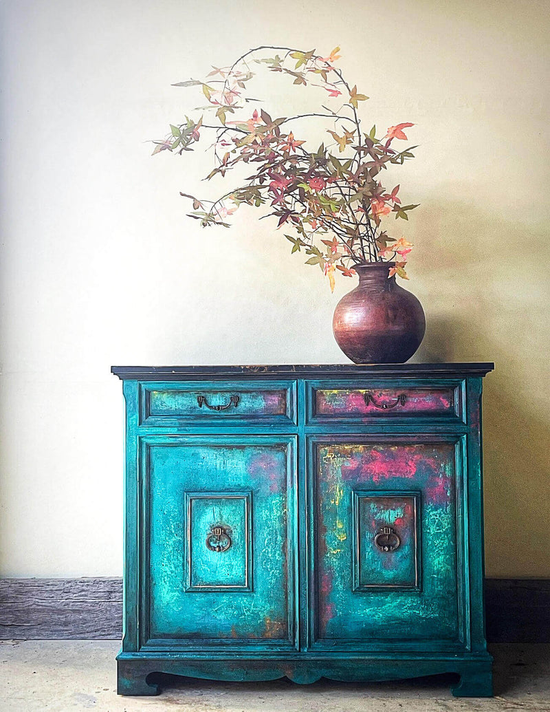 a boho style sideboard painted in plain jane chalk paint 